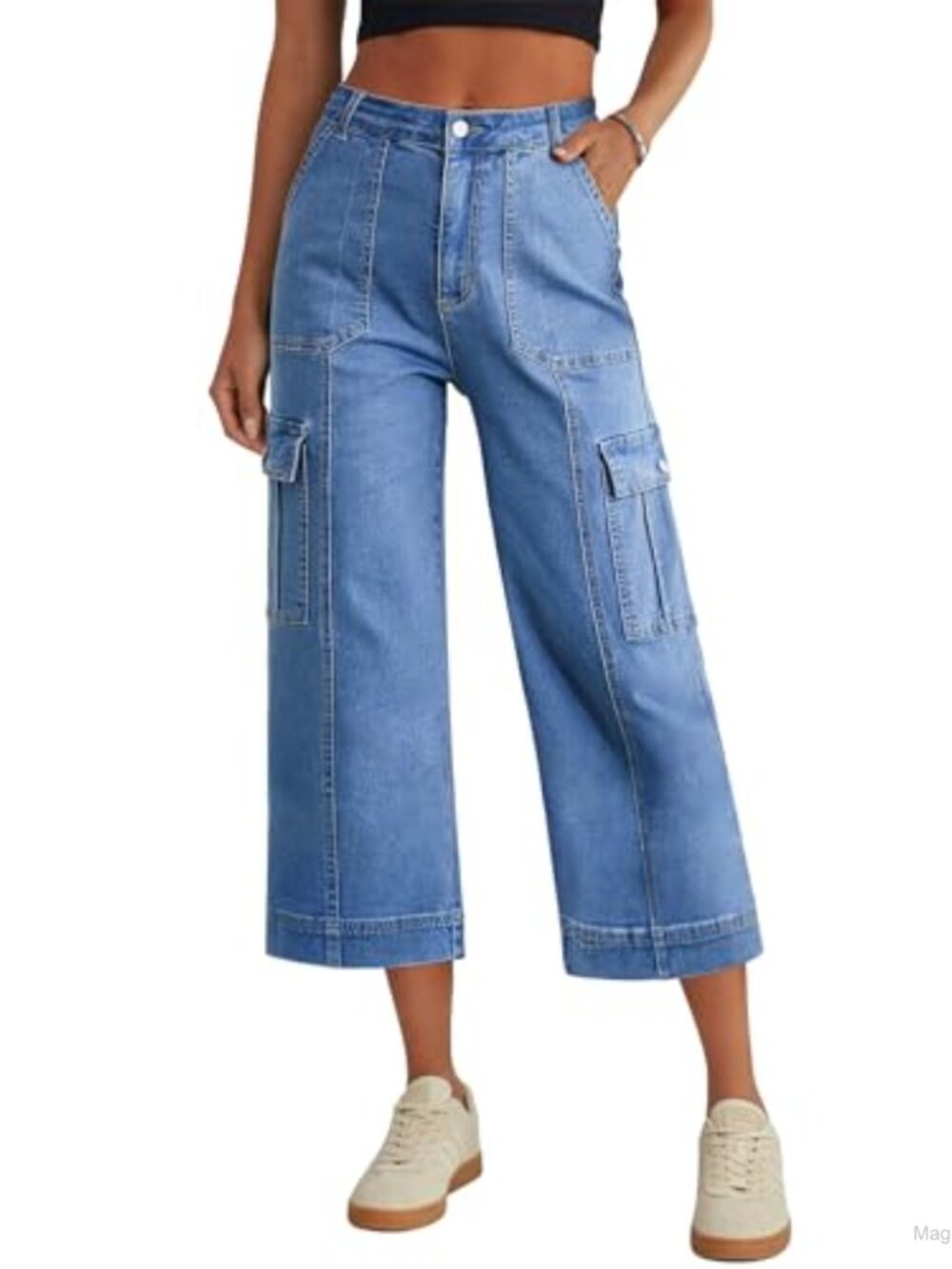 Women's High Waisted Cargo Capri Pants 6 Pockets Stretchy Straight Wide Leg
